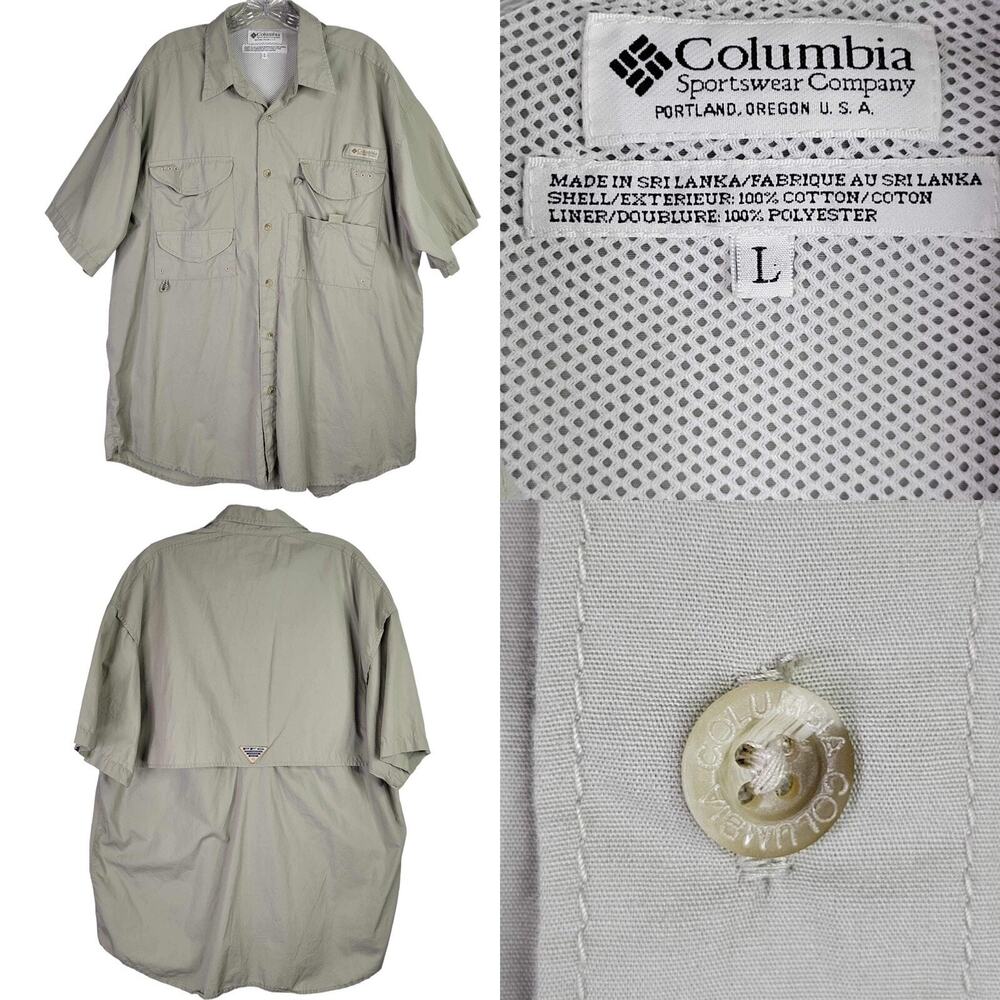 Columbia PFG Shirt Mens Large Khaki Button Up Short Sleeve Performance Fishing